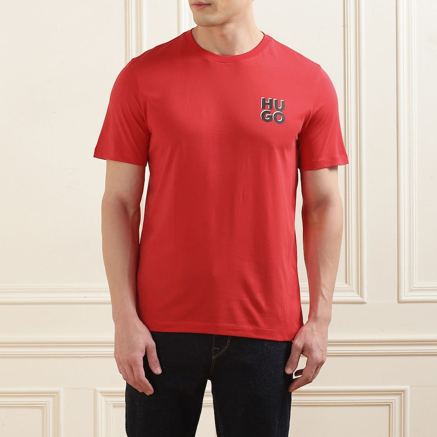 Men Red Chest Stacked Hugo Printed T-Shirt