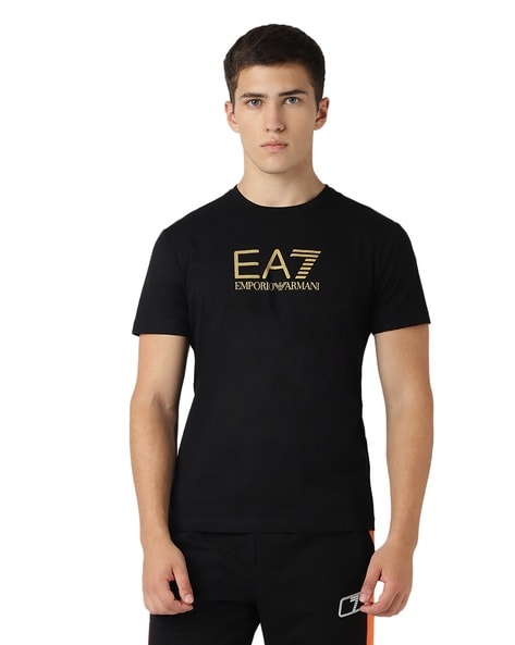 Brand Golden Print Regular Fit Crew-Neck Black T-Shirt