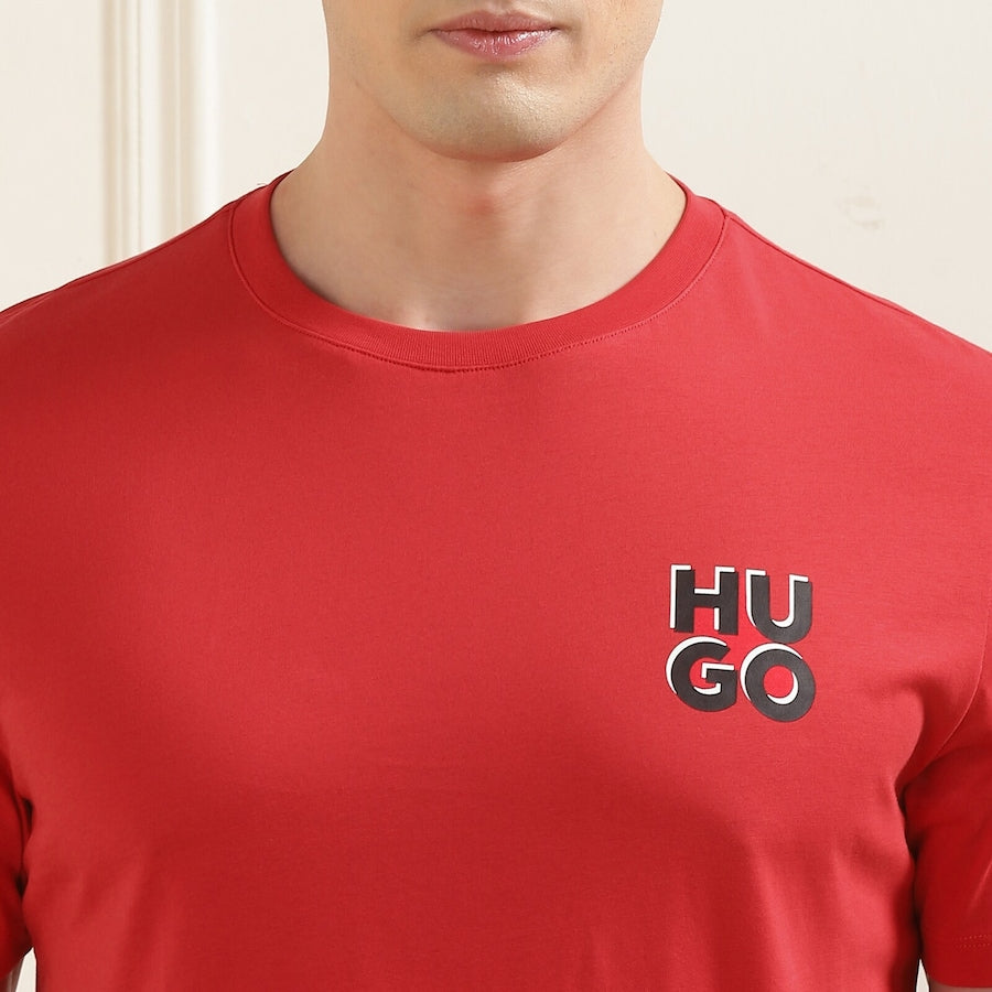 Men Red Chest Stacked Hugo Printed T-Shirt