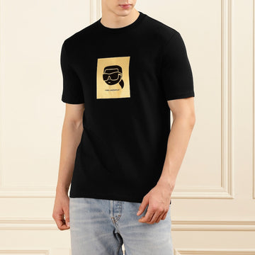 Men Black Gold-Square Doll Face Print T-shirt