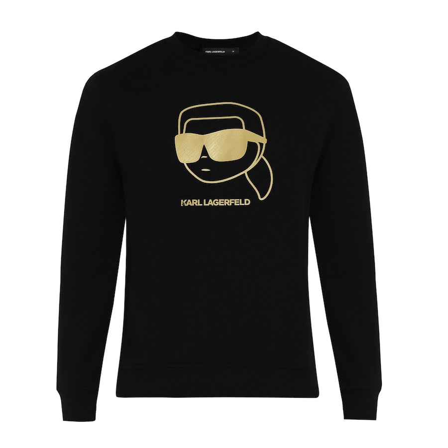 Men Black Crew Big Gold Karl Face Printed Sweatshirt