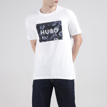 Men White Regular Fit Centre Rose with Logo Print T-shirt
