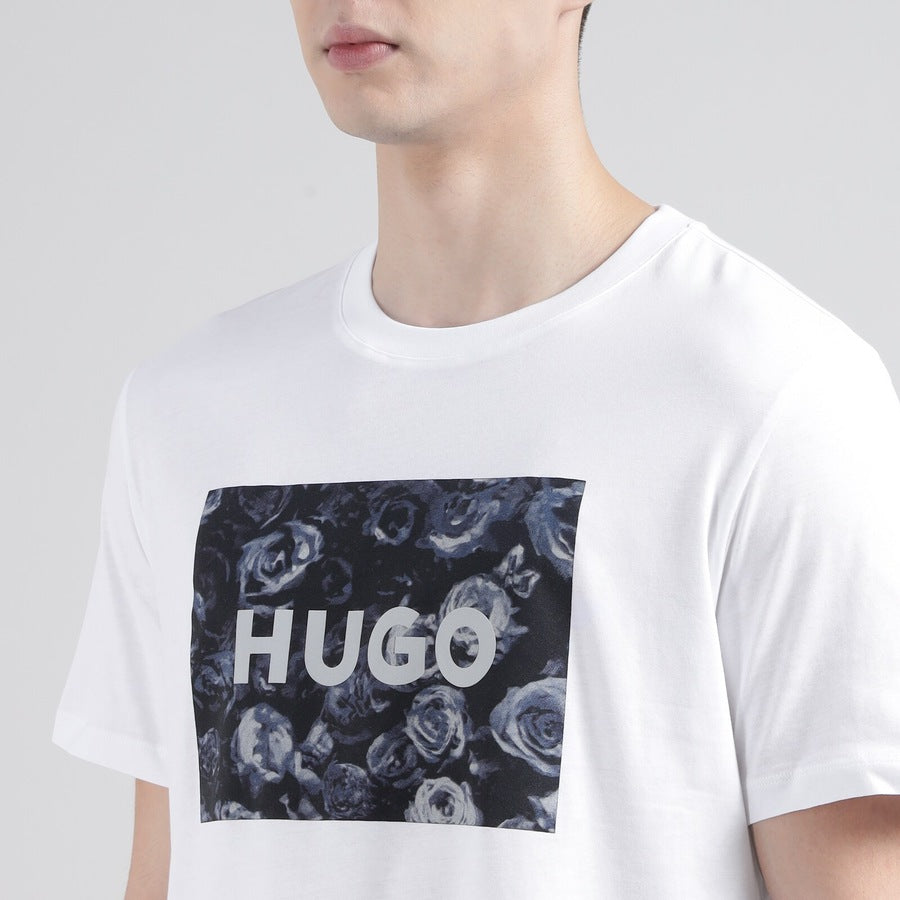 Men White Regular Fit Centre Rose with Logo Print T-shirt
