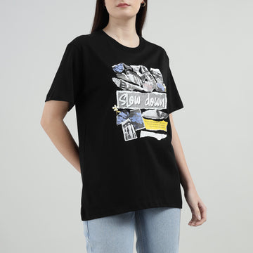 Women Black Logo Printed T-shirt