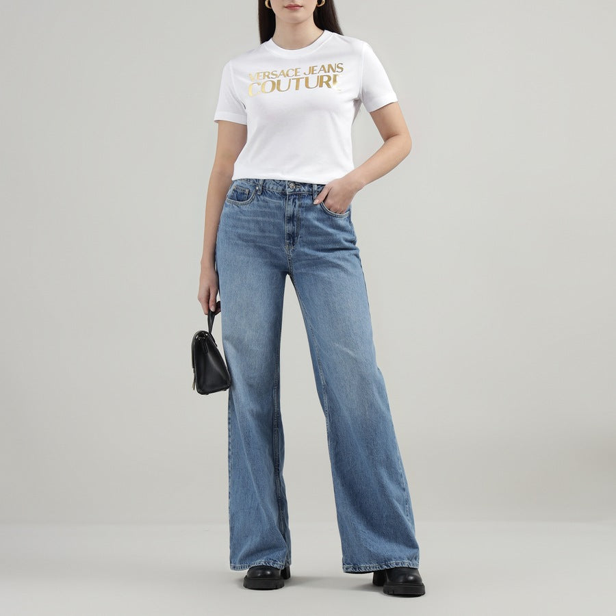 Women White Golden Brand Print T-shirt