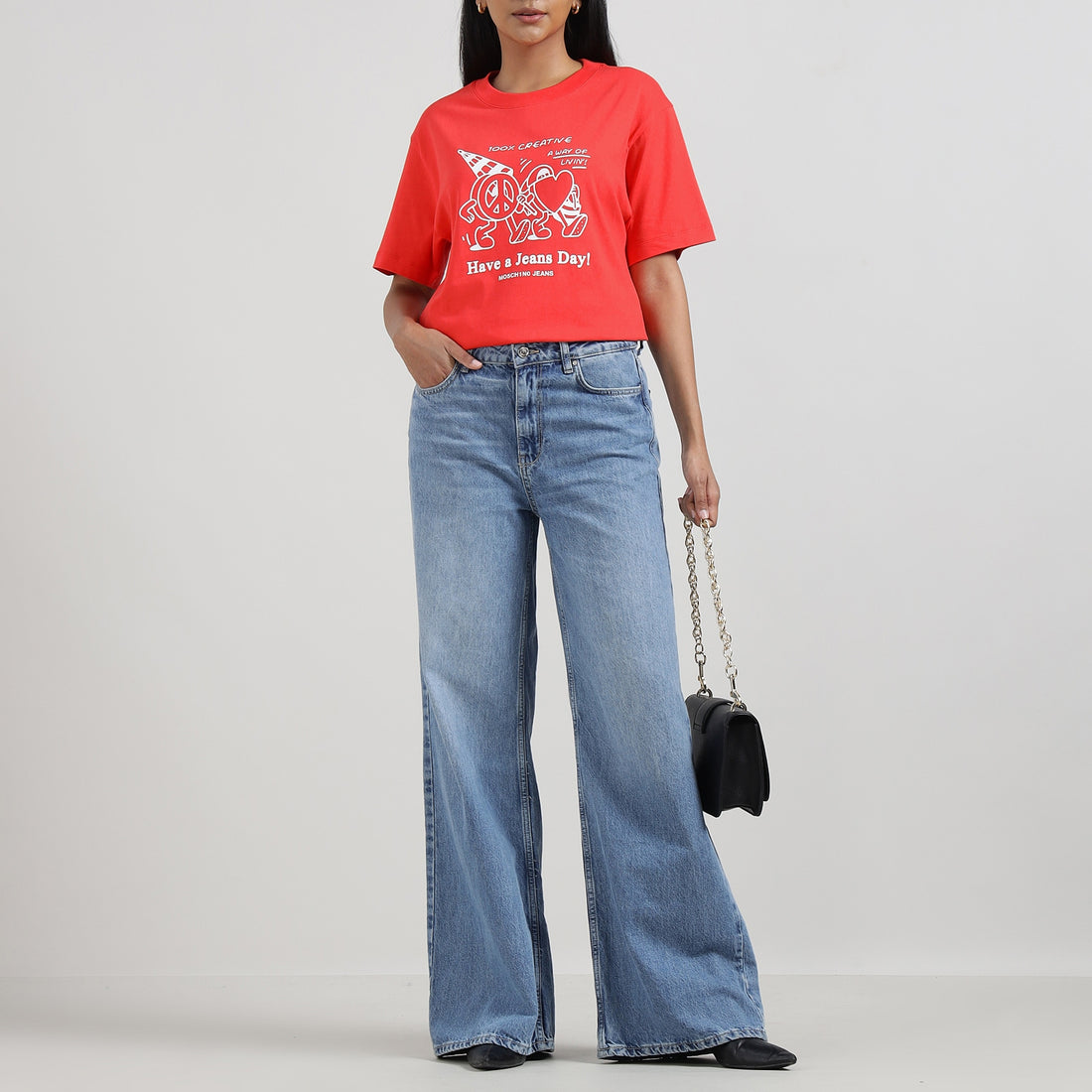 Women Red HV A JEans Day Print Oversized T-shirt