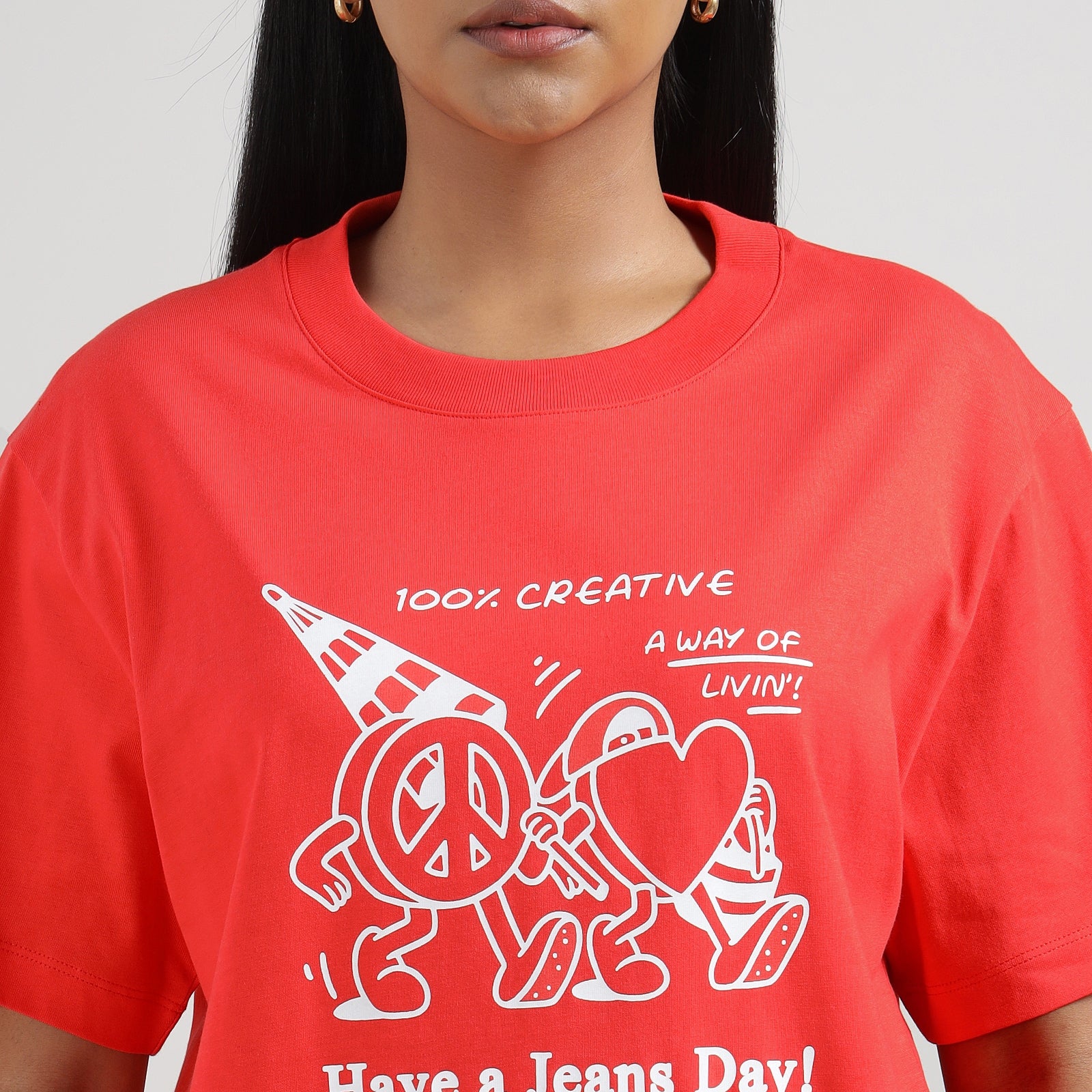 Women Red HV A JEans Day Print Oversized T-shirt