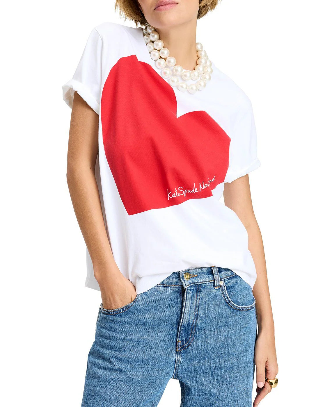 Heart Print Relaxed Fit White Round-Neck T-Shirt