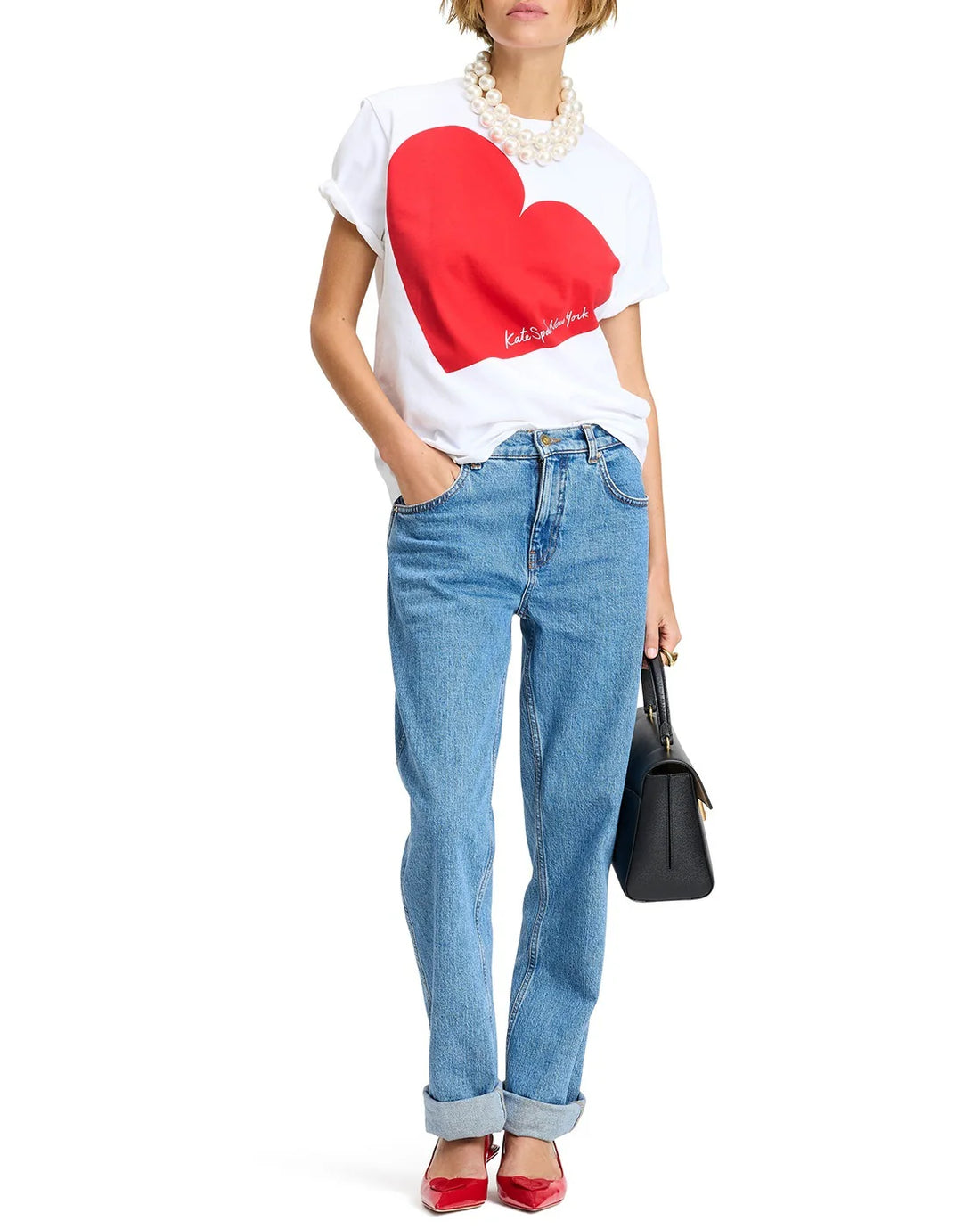 Heart Print Relaxed Fit White Round-Neck T-Shirt