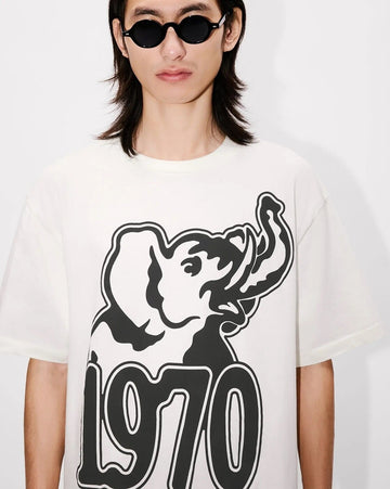 Men Jungle Elephant Print Oversized Crew-Neck T-Shirt White