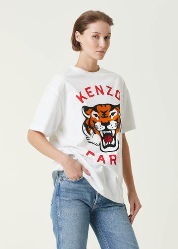 Women White Lucky Tiger Oversized T-shirt