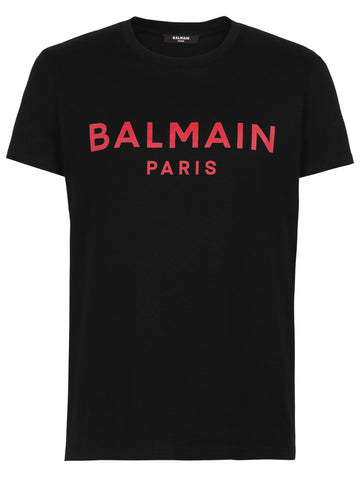 Brand printed in red featuring on Black t-shirt