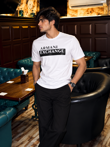 Men's White Contrast Graphic Crew Neck T-Shirt