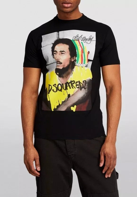 Iconic Bob Marley Print Regular Fit Black T-Shirt