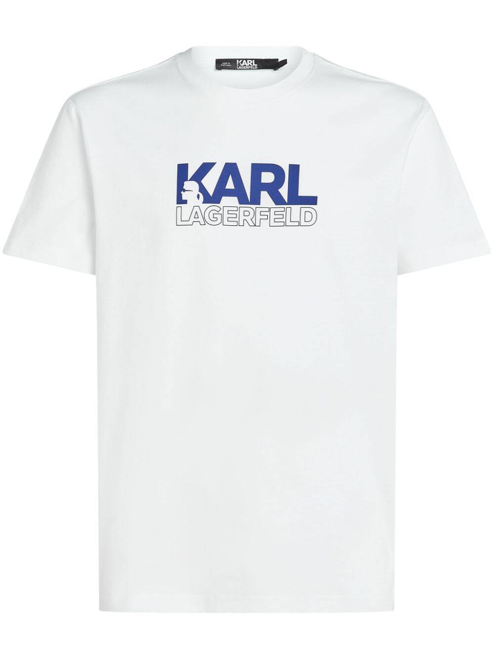 Blue stack-logo on white t-shirt
