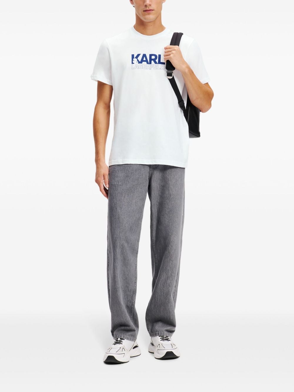 Blue stack-logo on white t-shirt
