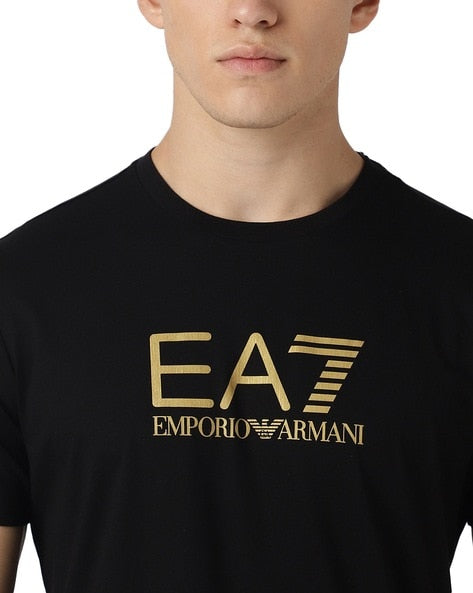 Brand Golden Print Regular Fit Crew-Neck Black T-Shirt