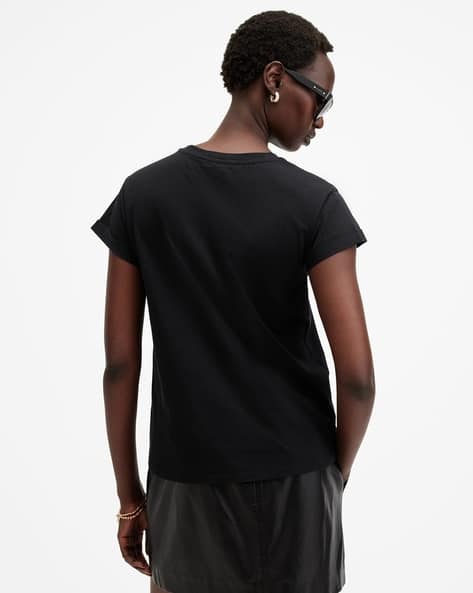 Women Brand Print Regular Fit Crew-Neck Black T-Shirt