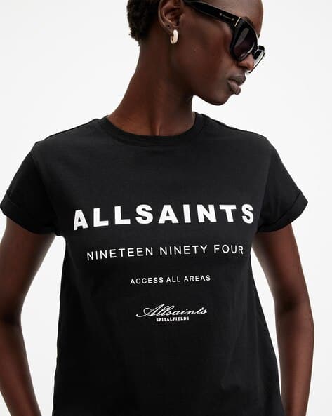 Women Brand Print Regular Fit Crew-Neck Black T-Shirt