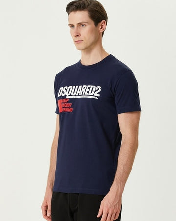 Brand Logo Print on Regular Fit Crew-Neck Cotton Navy T-Shirt