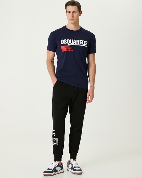 Brand Logo Print on Regular Fit Crew-Neck Cotton Navy T-Shirt