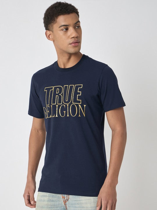 Men Typography Printed on Navy T-shirt