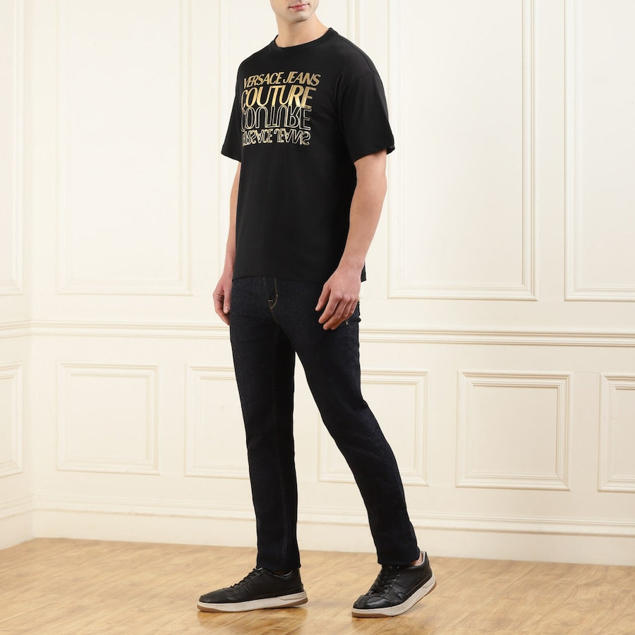 Men Black VJC Up And Down Print T-shirt