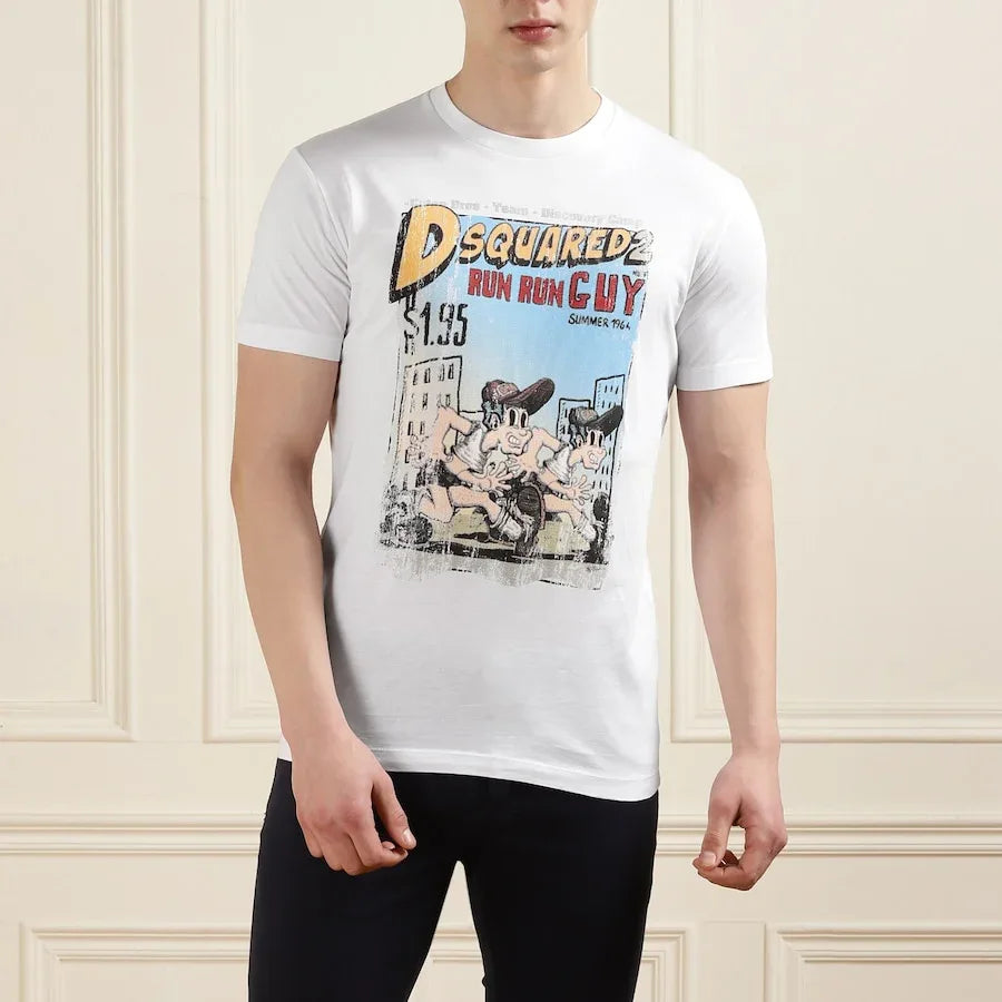 White Cartoon Print Cool-Fit Men's T-shirt