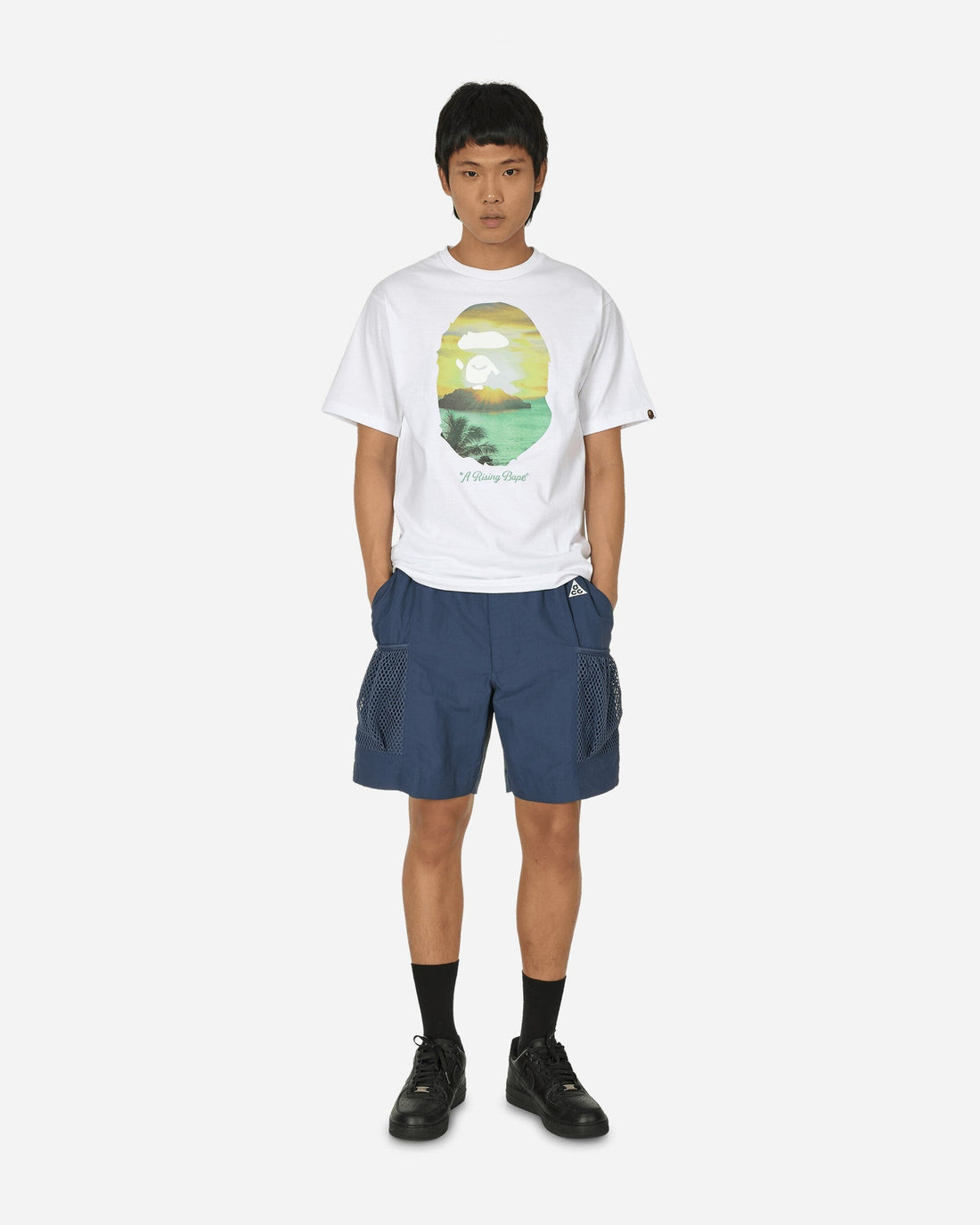 Men White A Rising BAPE Ape Head Printed T-Shirt