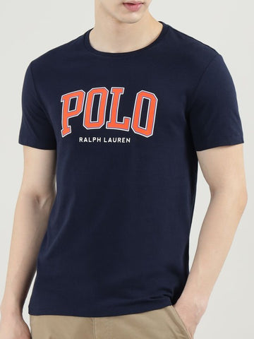 Men Printed Round Neck Cotton Navy T-shirt