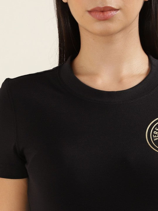 Women Solid Round Neck Cotton regular Fit Black T-shirt