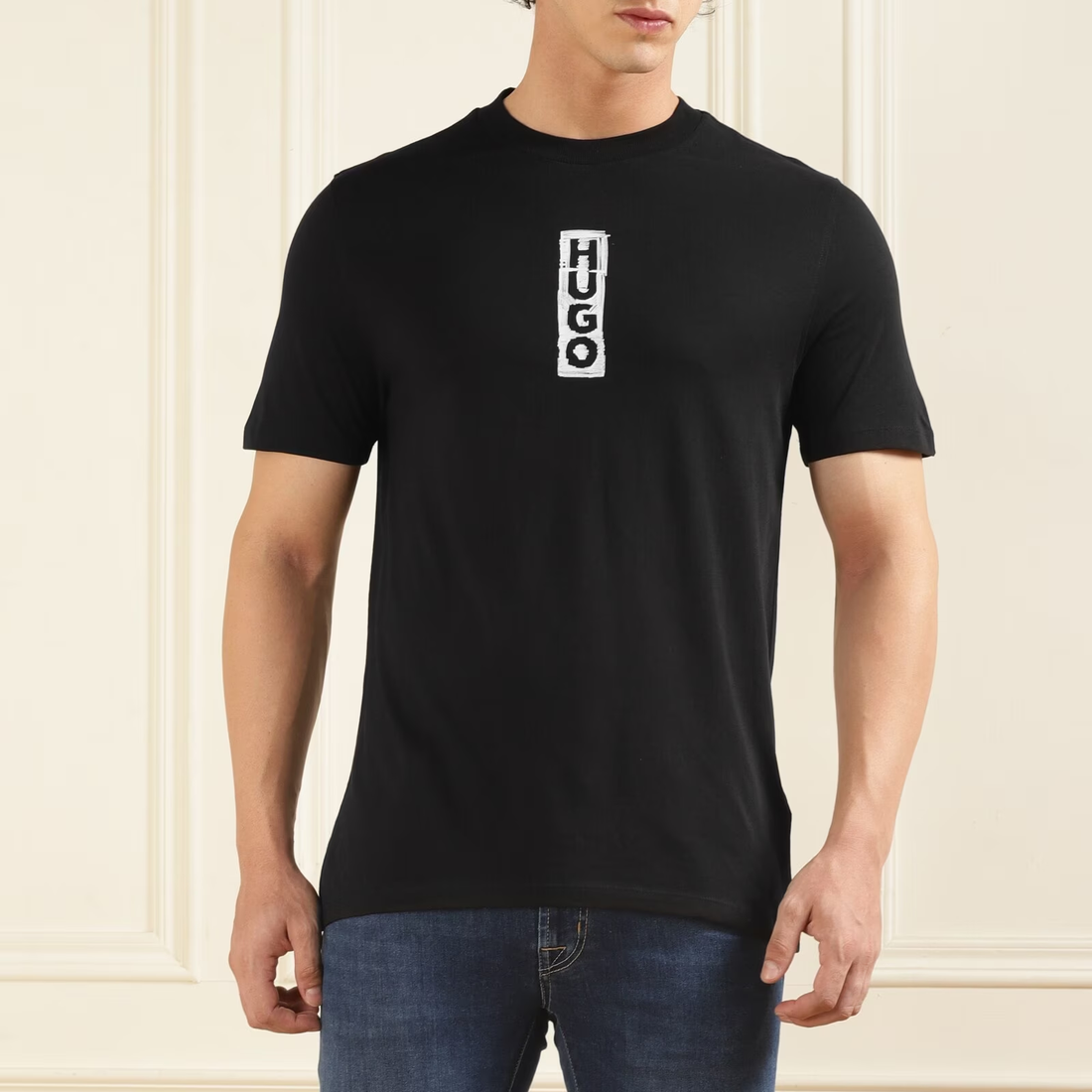 Hugo Men Black Vertical Branding T-shirt
