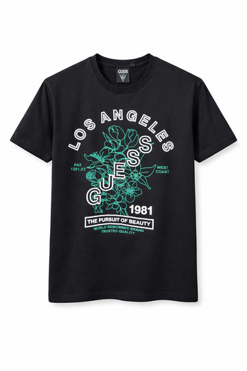 Black short-sleeved t-shirt featuring Los Angeles graphic print