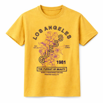 Yellow short-sleeved t-shirt featuring Los Angeles graphic print