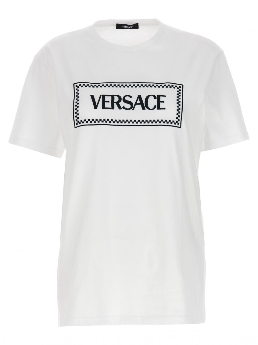 Brand logo displaying on the white t-shirt