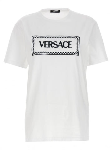 Brand logo displaying on the white t-shirt