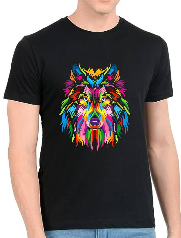 Clothing Mens Cotton Colorful Wolf Face Printed Regular Tshirts for Mens