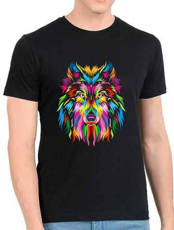 Clothing Mens Cotton Colorful Wolf Face Printed Regular Tshirts for Mens