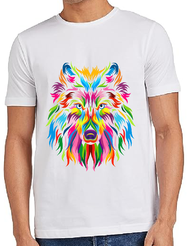 Clothing Mens Cotton Colorful Wolf Face Printed Regular Tshirts for Mens
