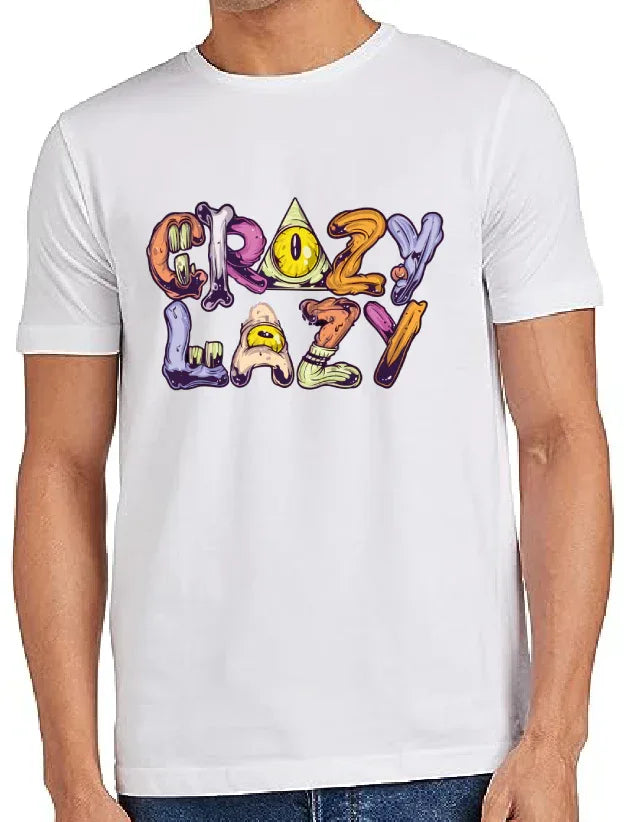 Men's Crazy Lazy Print Tee Cotton Regular Round Neck T-Shirt