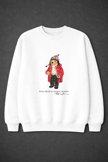 Men Natural Polo Bear White Fleece Sweatshirt