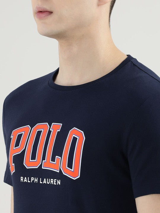 Men Printed Round Neck Cotton Navy T-shirt
