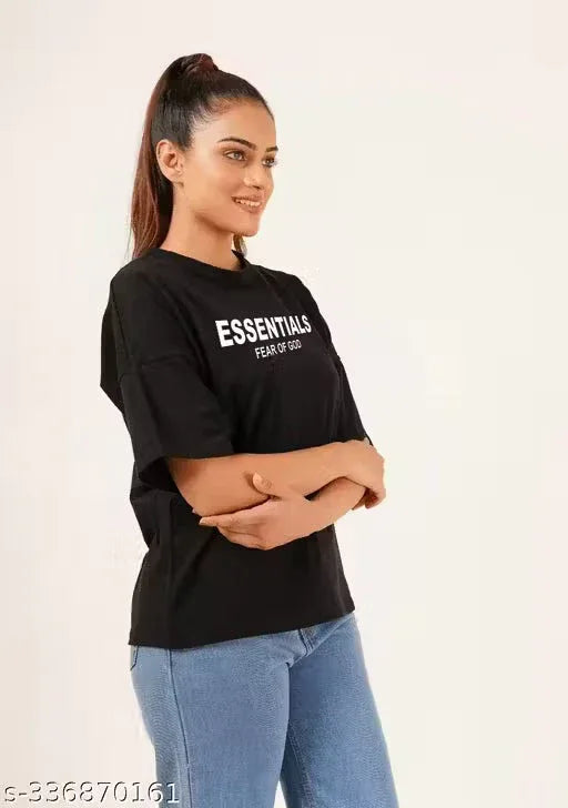 Essentials Women's Black Oversized Half Sleeve Loose Fit T-Shirt