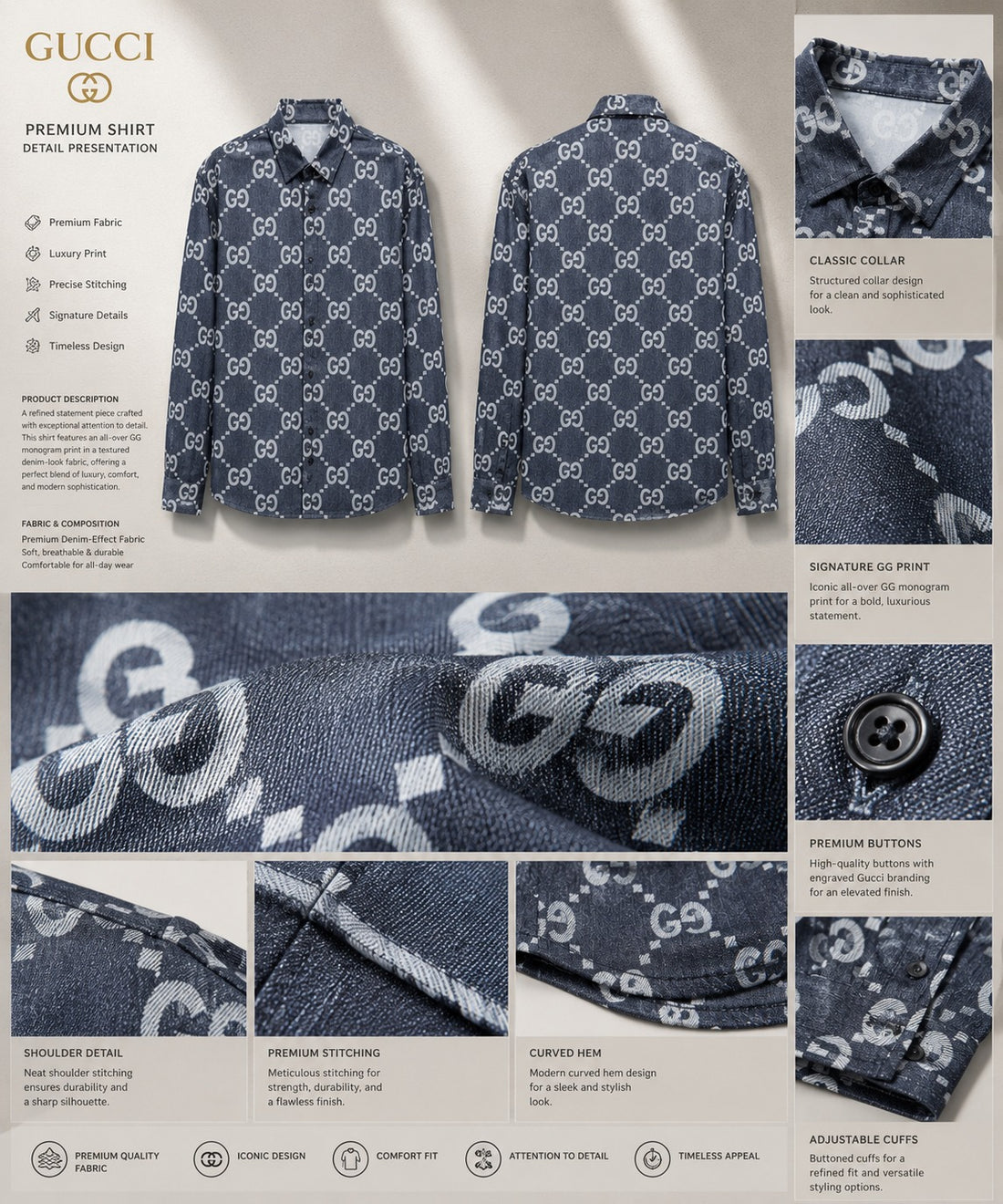 Signature GG Shadow Denim Button-Down Shirt