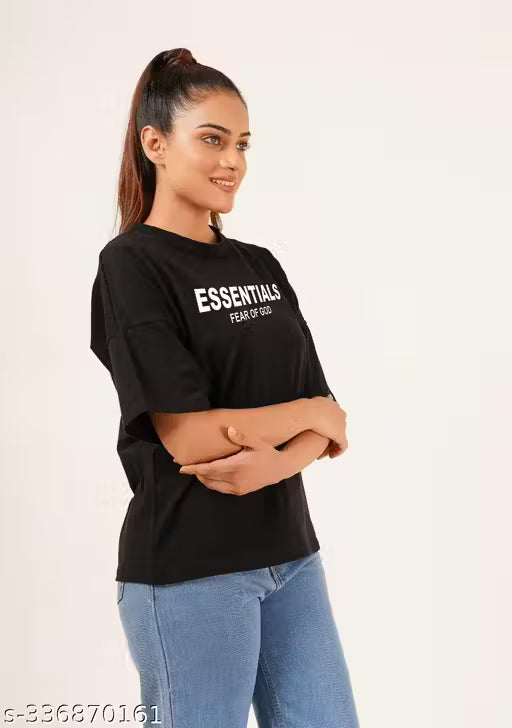 Essentials Women's Black Oversized Half Sleeve Loose Fit T-Shirt